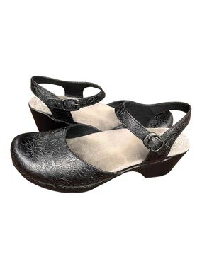 Dansko Sam Black Floral-Embossed Mary Jane Leather Sandal/Clogs size 41/10.5